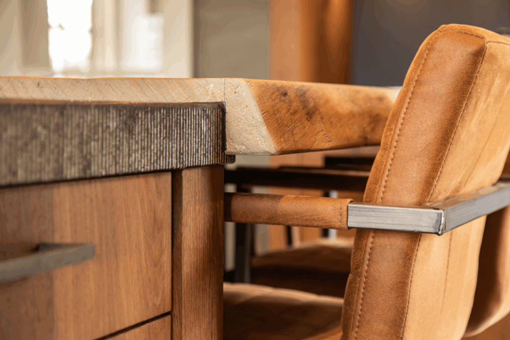 Landelijke keuken van Mennen Keukens + Interieurs met detail van eiland en tafel, Mereno Sienna front in eiken kleur